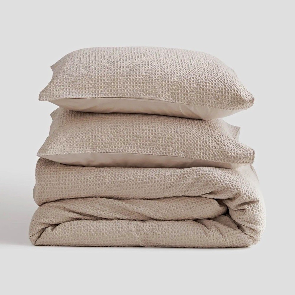 Quince Organic Luxe Honeycomb Duvet Cover Set with 2 Shams King/Cal King Sand